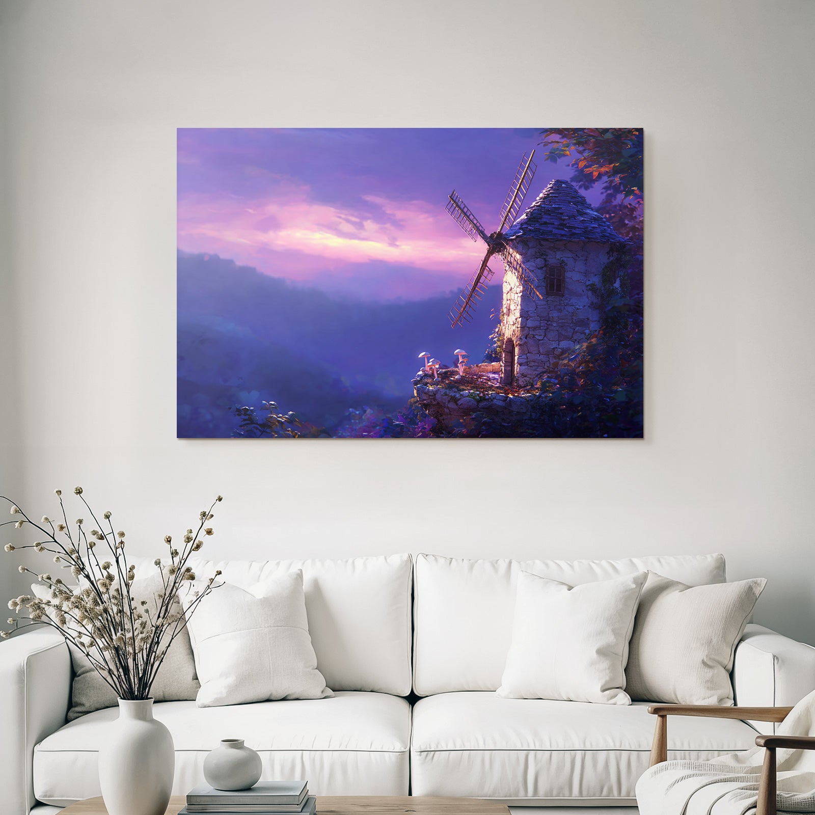 Rustikaler Windmühle Mit Mushrooms Im Twilight Himmel