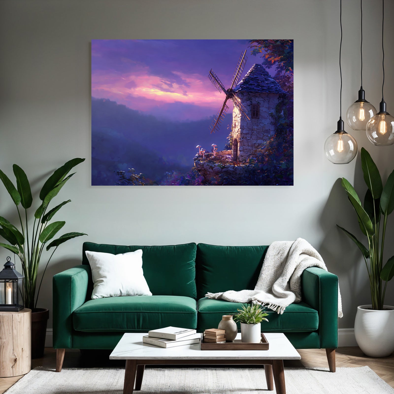 Rustikaler Windmühle Mit Mushrooms Im Twilight Himmel