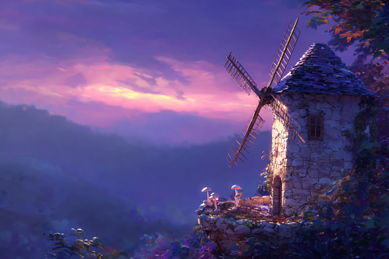 Rustikaler Windmühle Mit Mushrooms Im Twilight Himmel | Windmuehlen Leuchttuerme Bruecken | Architektur
