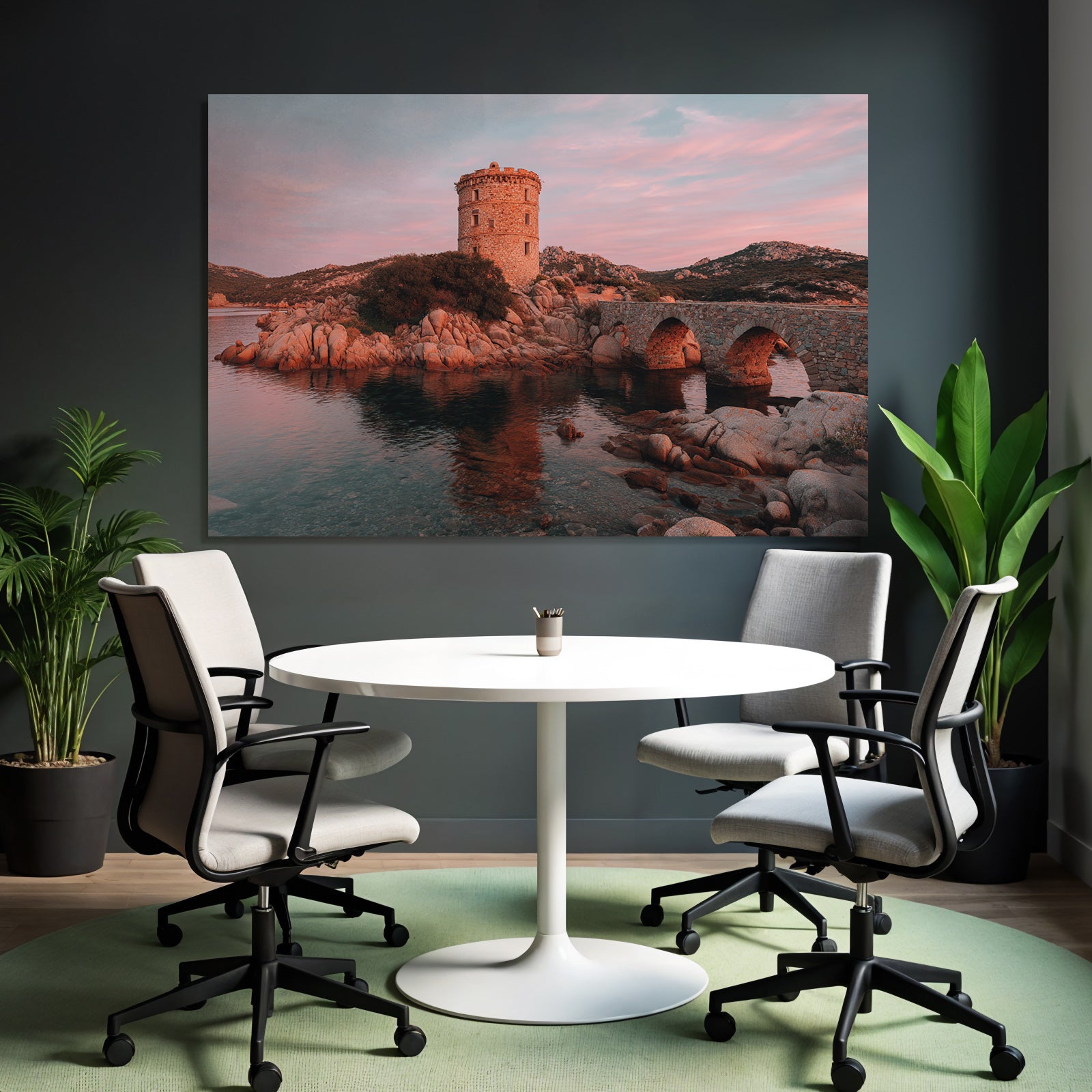 Stein Turm Am Wasser Mit Steinbrücke Und Rosa Himmel