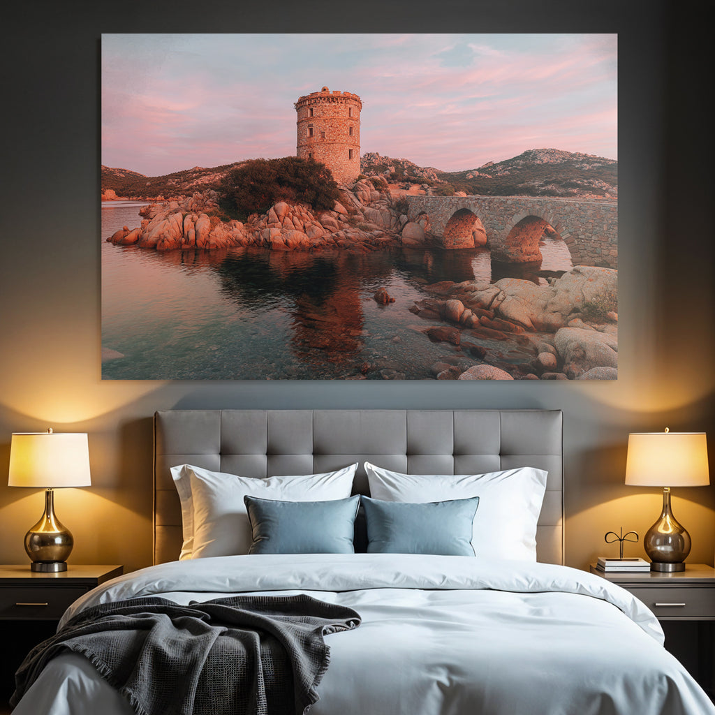Stein Turm Am Wasser Mit Steinbrücke Und Rosa Himmel