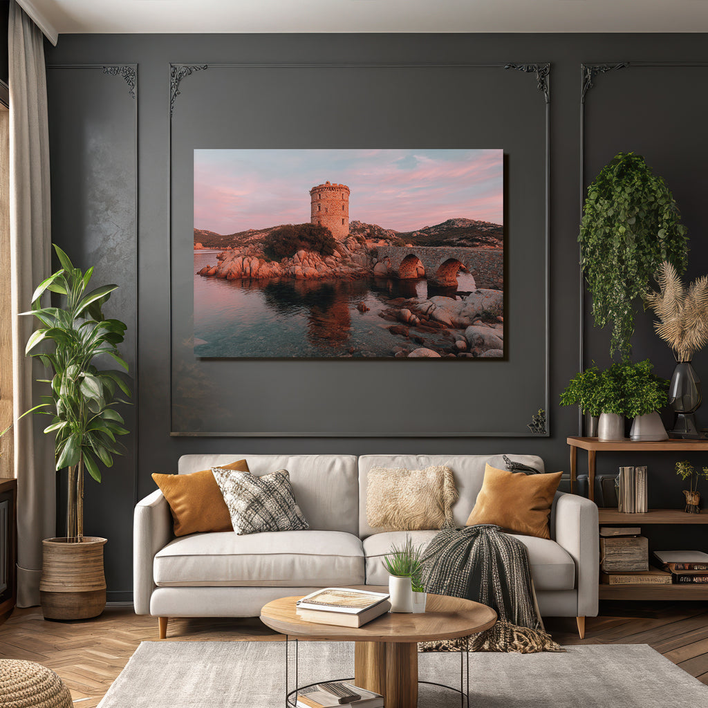 Stein Turm Am Wasser Mit Steinbrücke Und Rosa Himmel