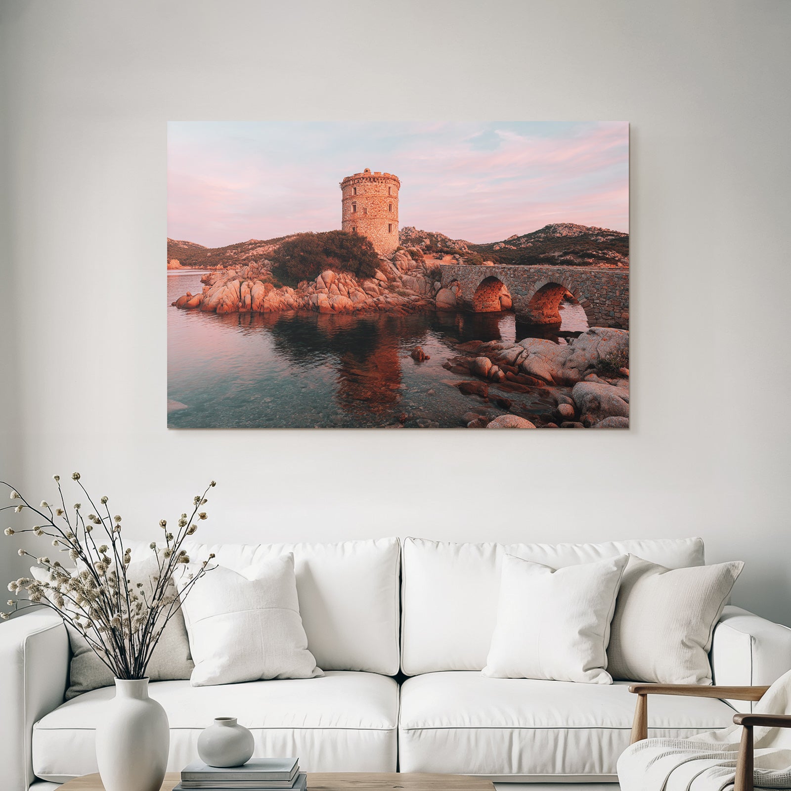 Stein Turm Am Wasser Mit Steinbrücke Und Rosa Himmel