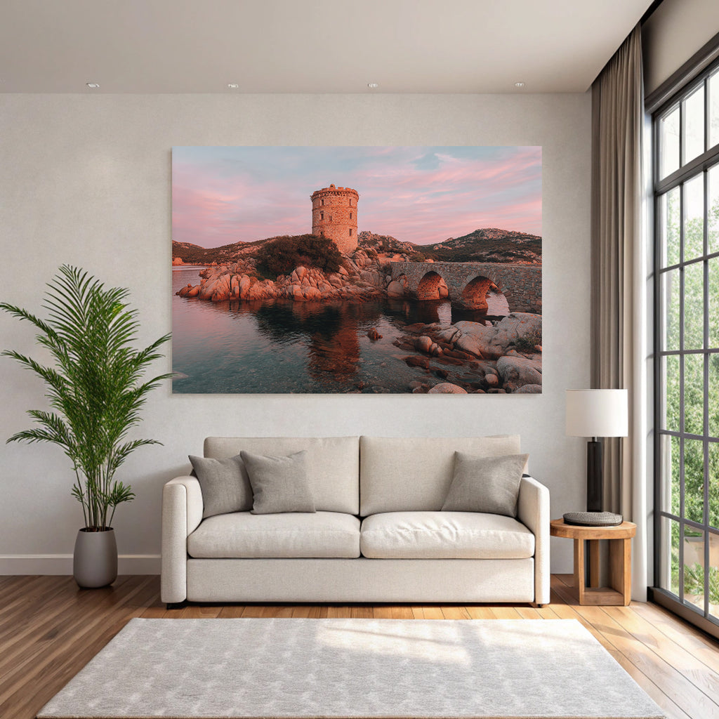 Stein Turm Am Wasser Mit Steinbrücke Und Rosa Himmel