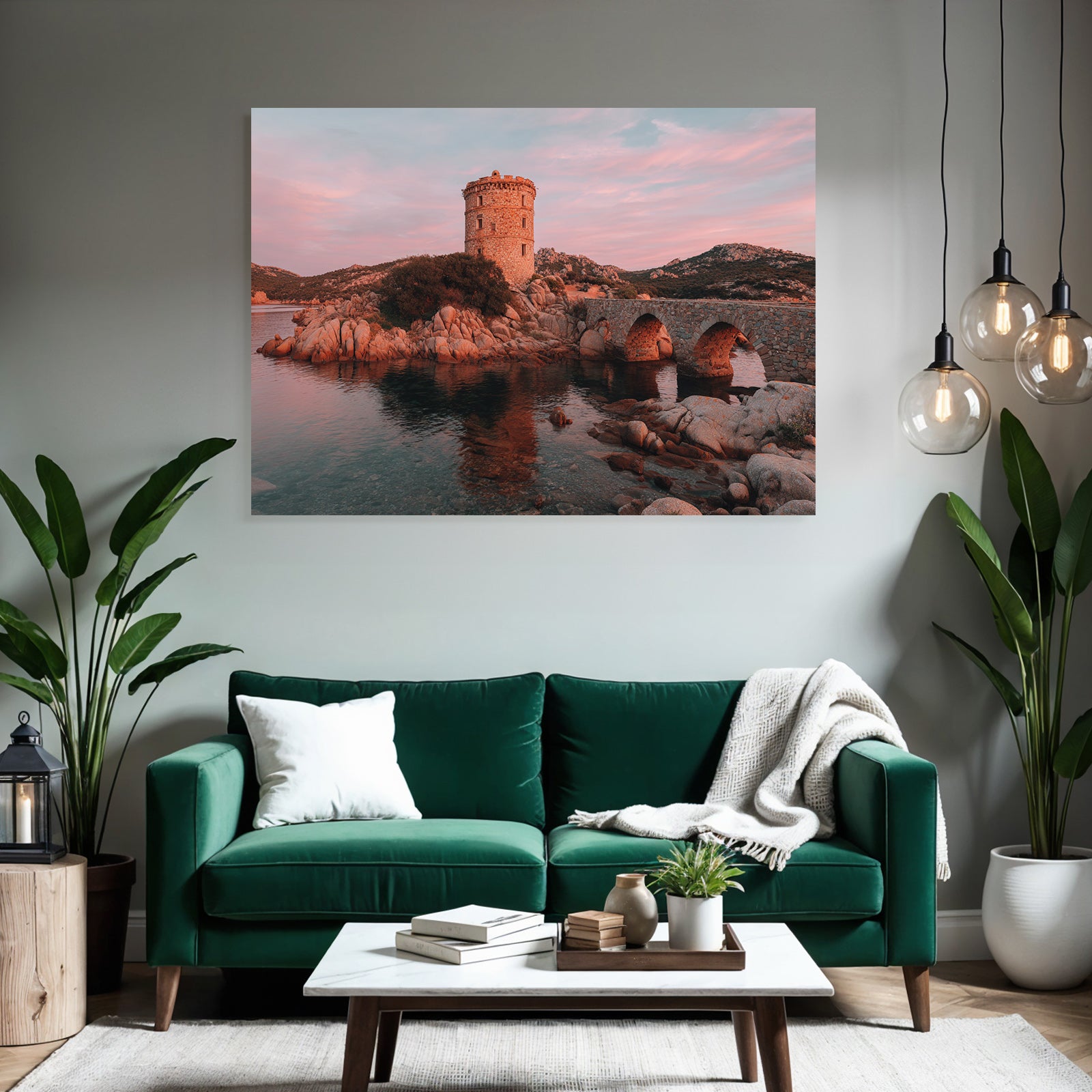 Stein Turm Am Wasser Mit Steinbrücke Und Rosa Himmel