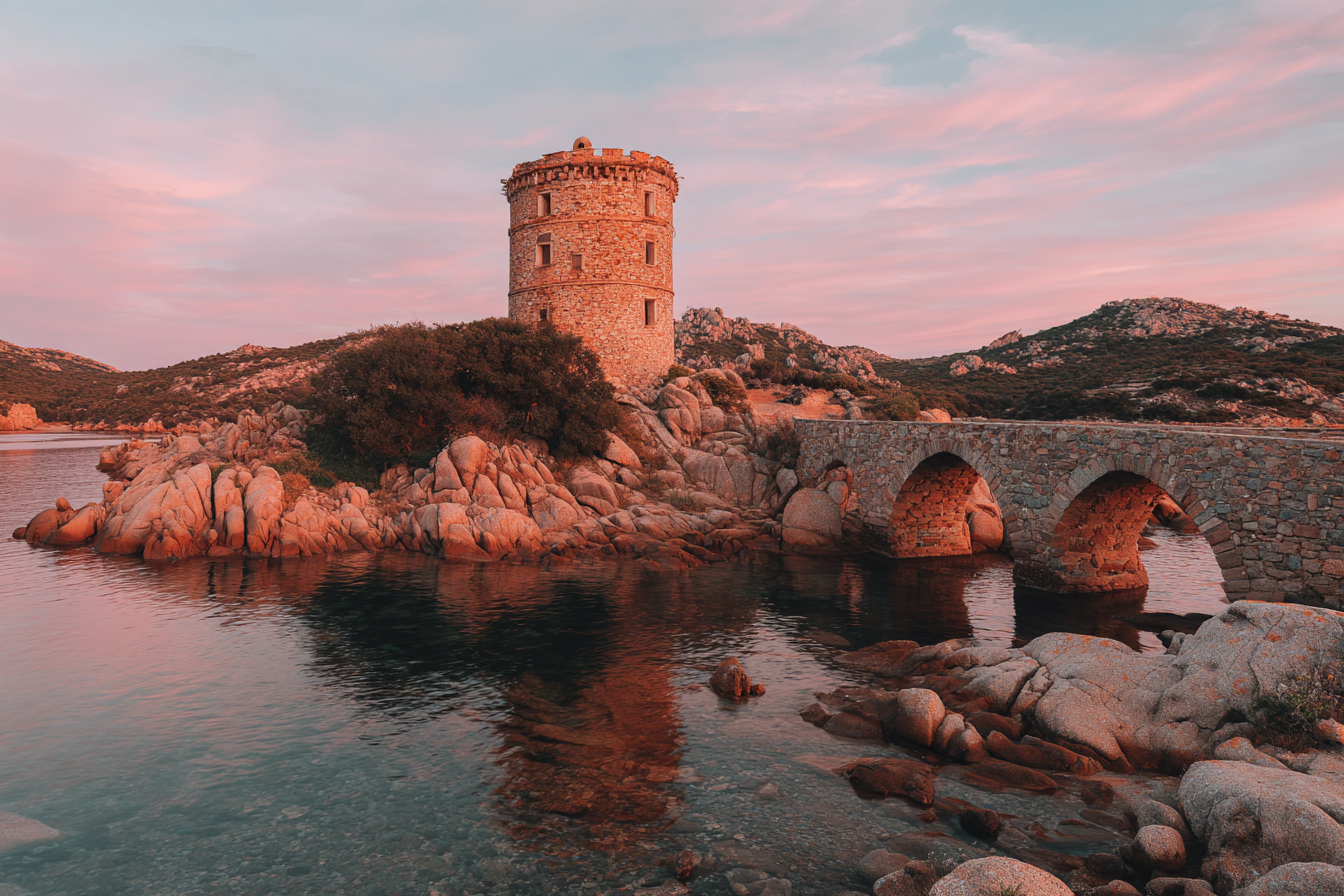 Stein Turm Am Wasser Mit Steinbrücke Und Rosa Himmel | Windmuehlen Leuchttuerme Bruecken | Architektur