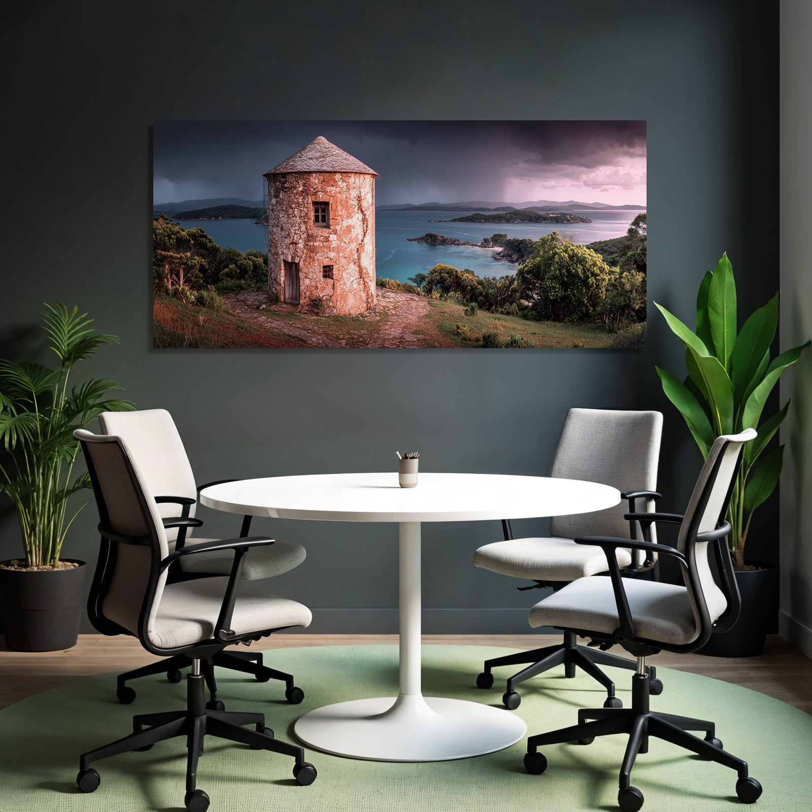 Stein Turm Küstenlandschaft Mit Inseln Vor Sturmhimmel