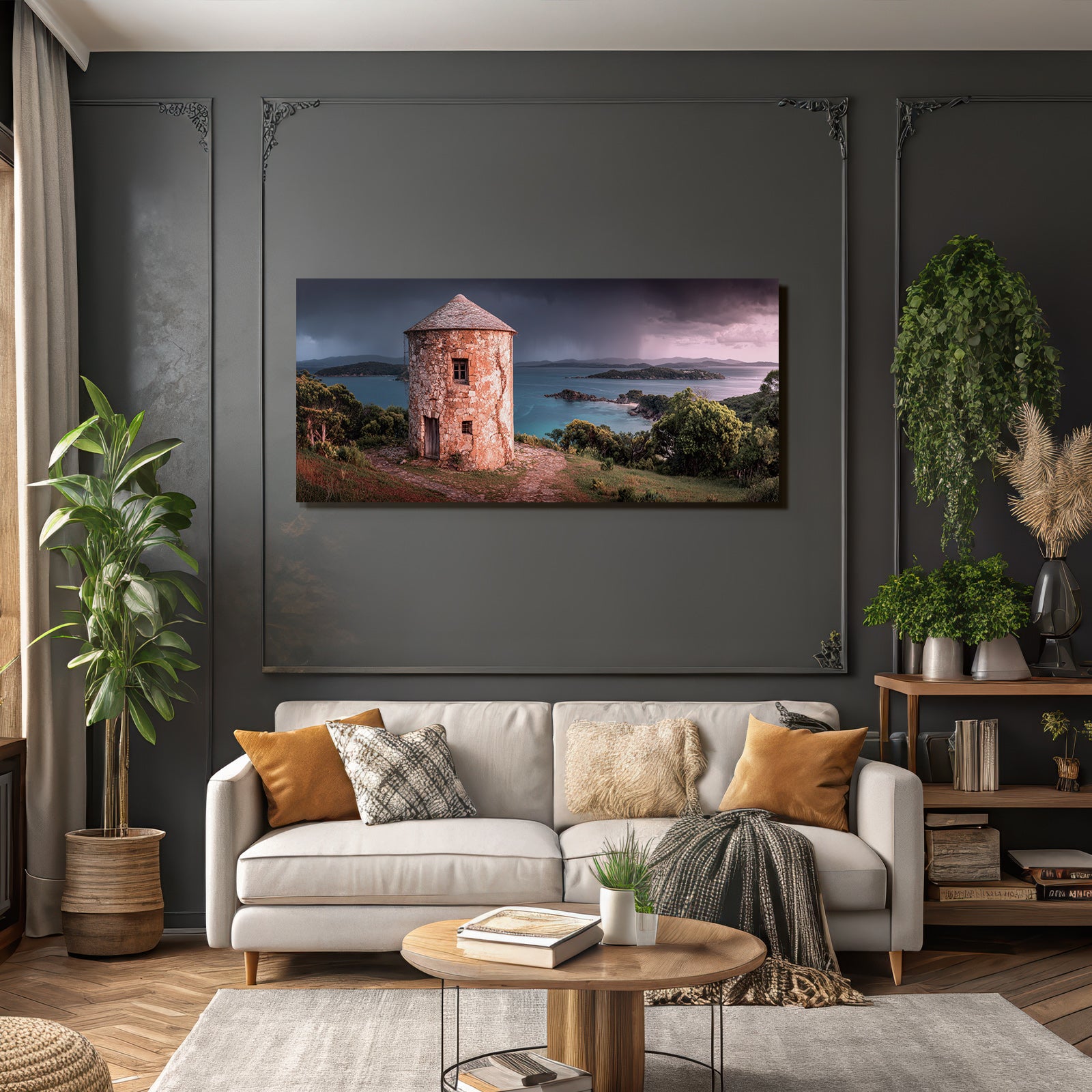Stein Turm Küstenlandschaft Mit Inseln Vor Sturmhimmel