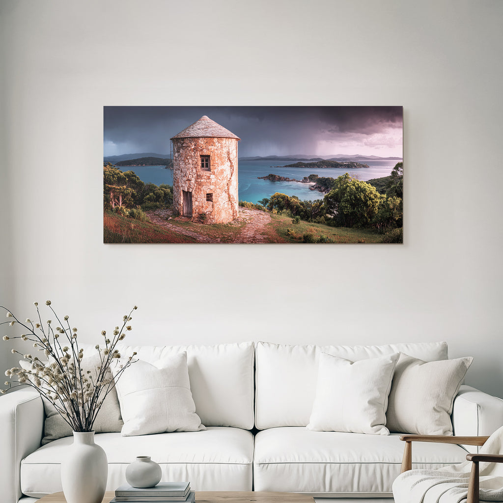 Stein Turm Küstenlandschaft Mit Inseln Vor Sturmhimmel