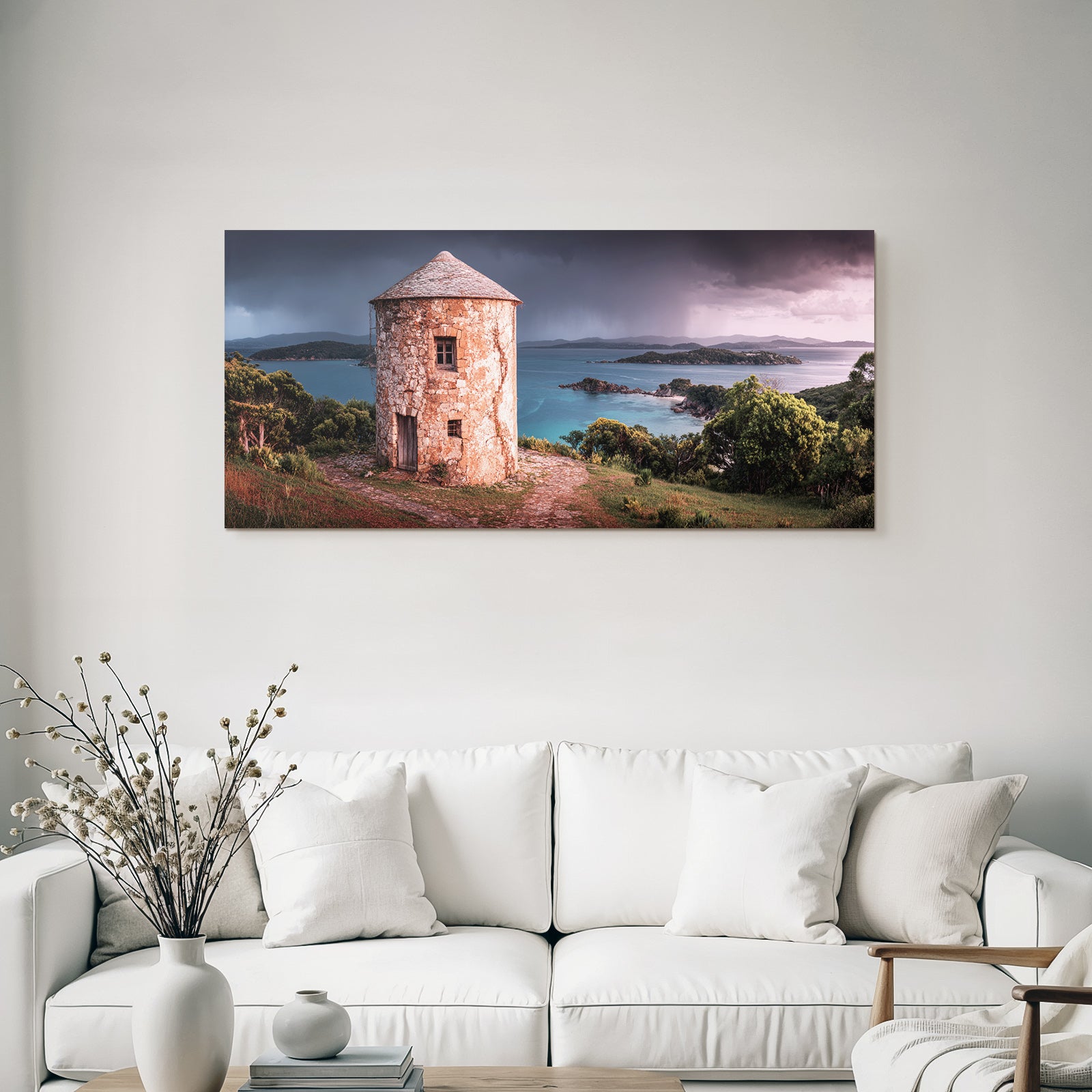 Stein Turm Küstenlandschaft Mit Inseln Vor Sturmhimmel