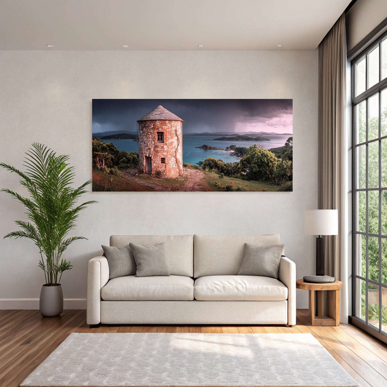 Stein Turm Küstenlandschaft Mit Inseln Vor Sturmhimmel