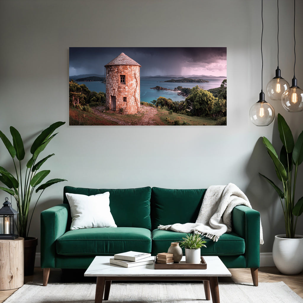 Stein Turm Küstenlandschaft Mit Inseln Vor Sturmhimmel