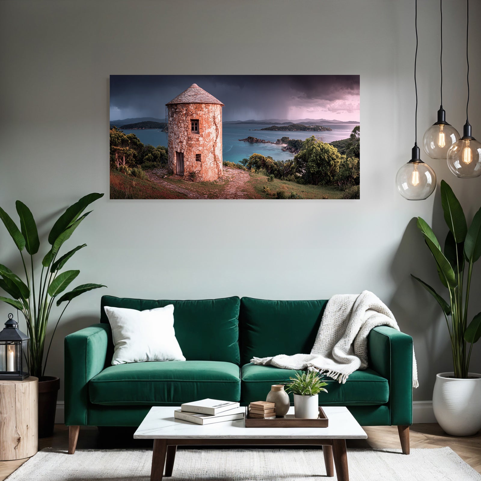 Stein Turm Küstenlandschaft Mit Inseln Vor Sturmhimmel