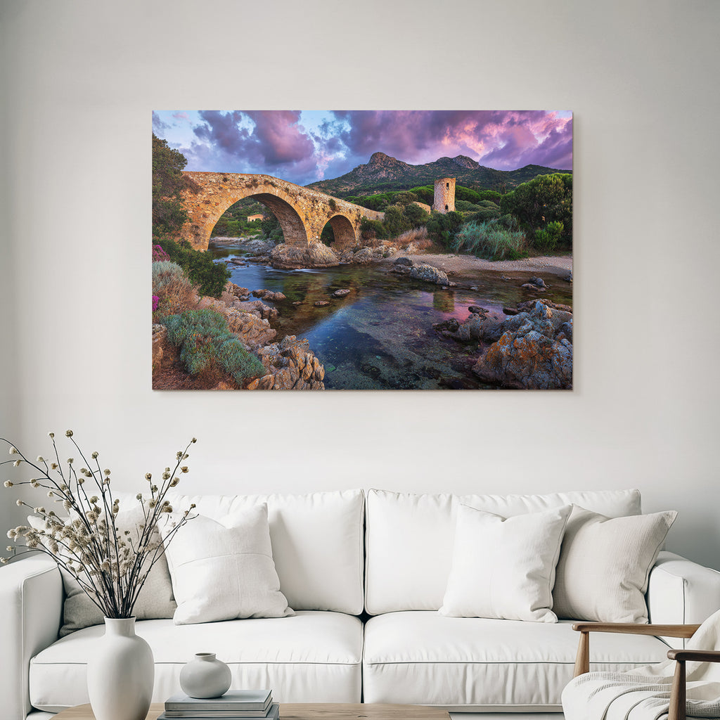 Steinbrücke Über Wasser Malerische Landschaft Sonnenuntergang