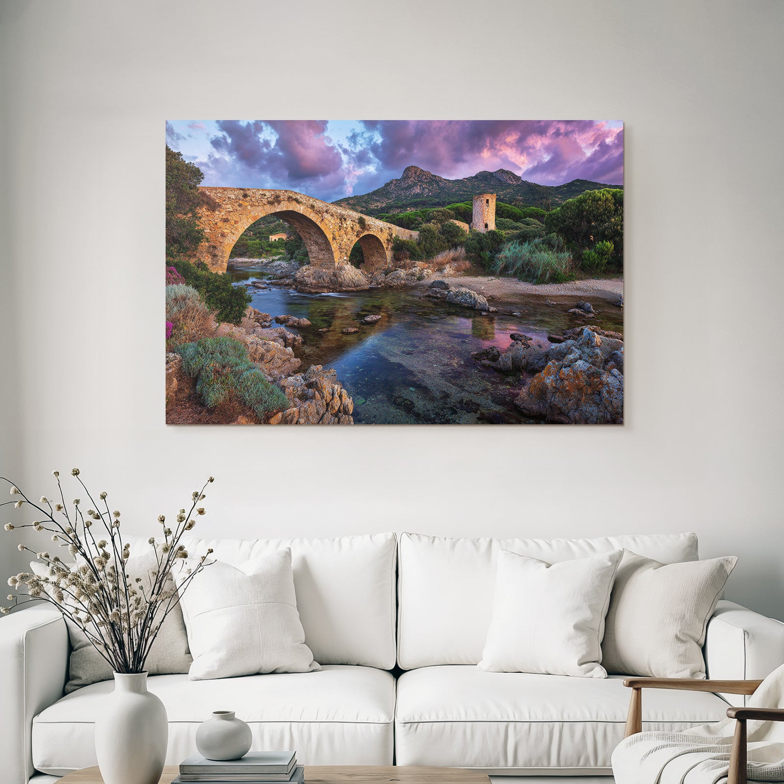 Steinbrücke Über Wasser Malerische Landschaft Sonnenuntergang