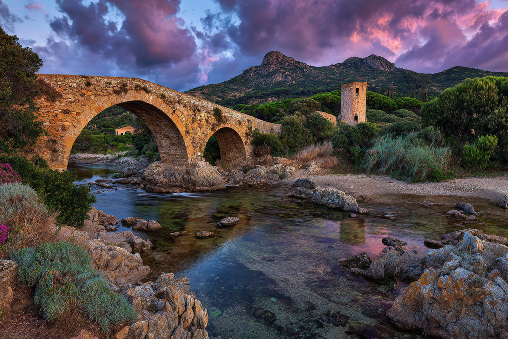 Steinbrücke Über Wasser Malerische Landschaft Sonnenuntergang | Windmuehlen Leuchttuerme Bruecken | Architektur
