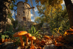 Steinerne Windmühle Umgeben Von Grünen Und Herbstlichen Blättern Mit Orangen Pilzen | Windmuehlen Leuchttuerme Bruecken | Architektur