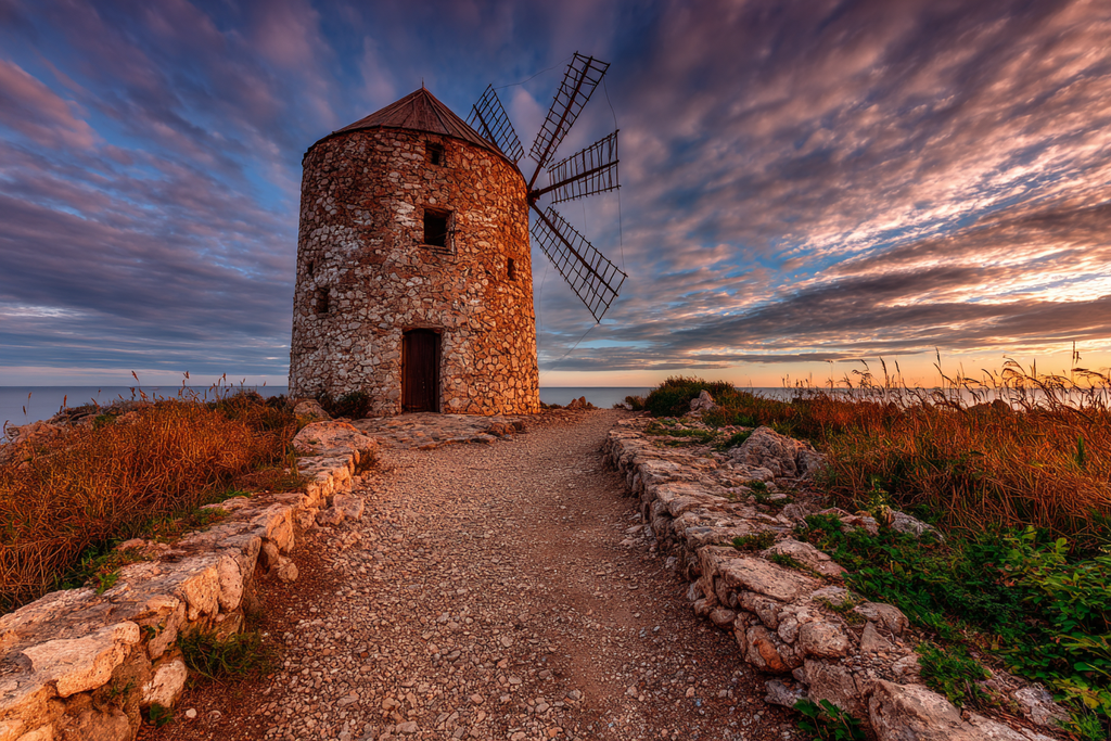 Steinwindmühle Küstenlandschaft Stimmungsvoller Himmel Sonnenaufgang Oder Sonnenuntergang | Windmuehlen Leuchttuerme Bruecken | Architektur