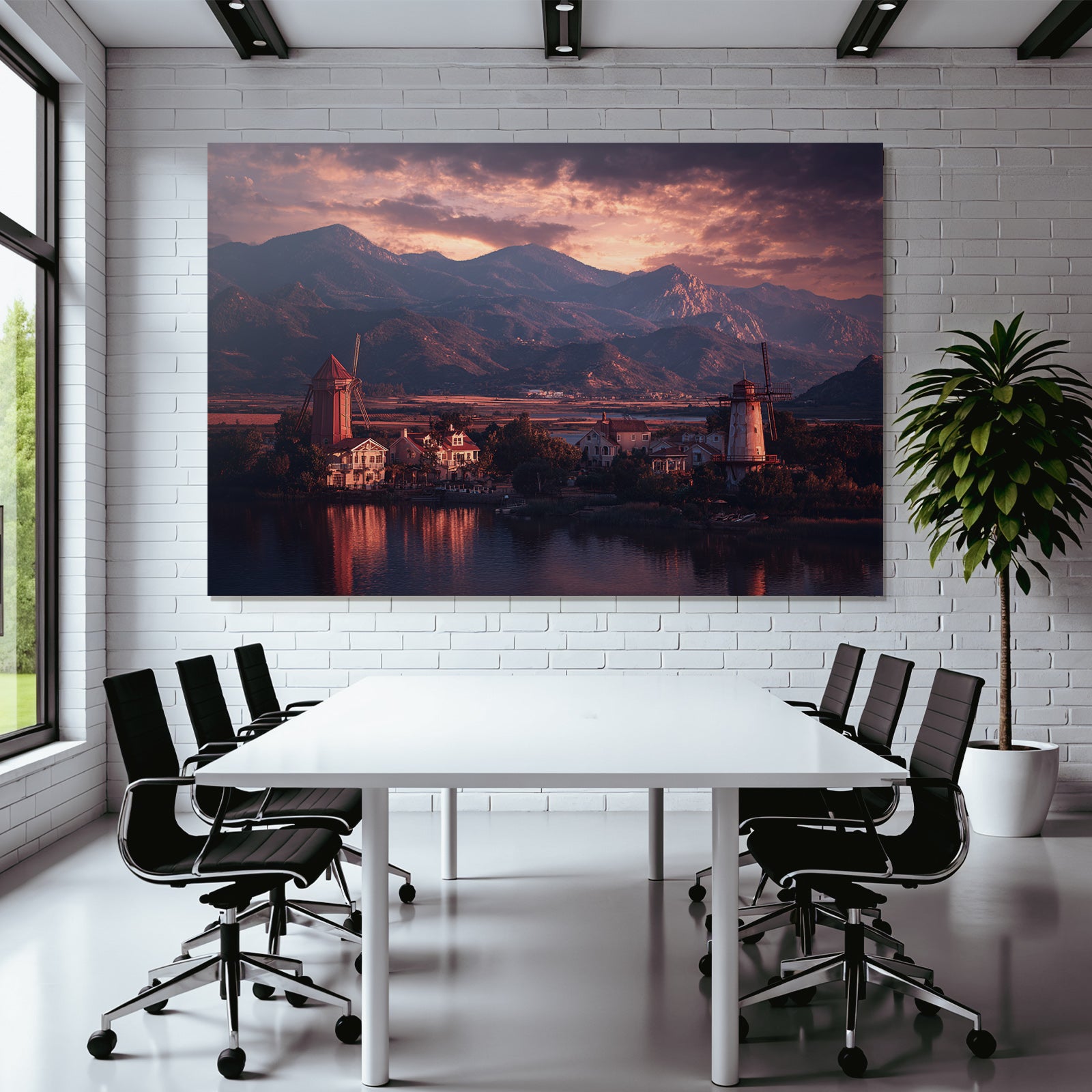 Szenische Landschaft Mit Windmühlen Und Berge Bei Sonnenuntergang