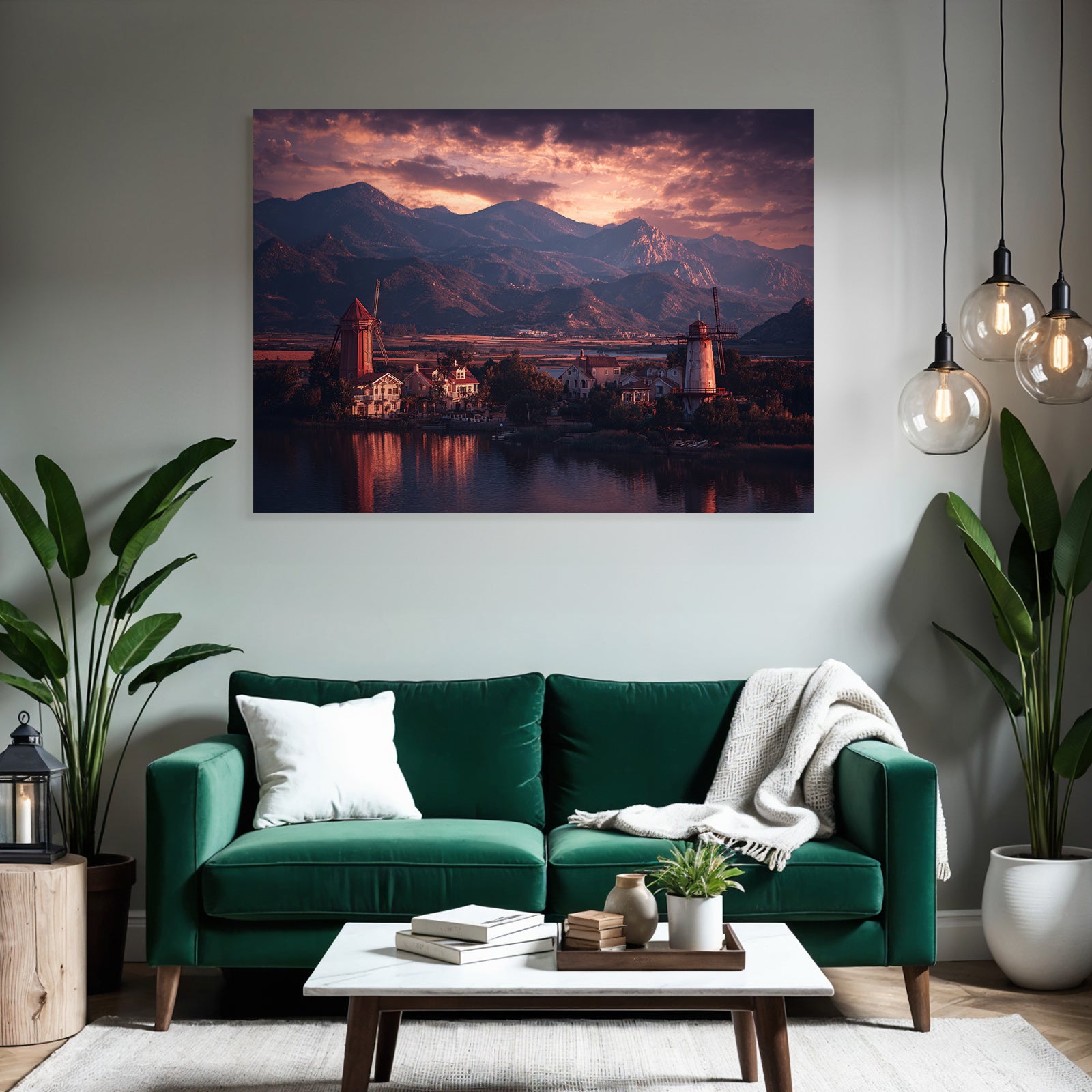 Szenische Landschaft Mit Windmühlen Und Berge Bei Sonnenuntergang