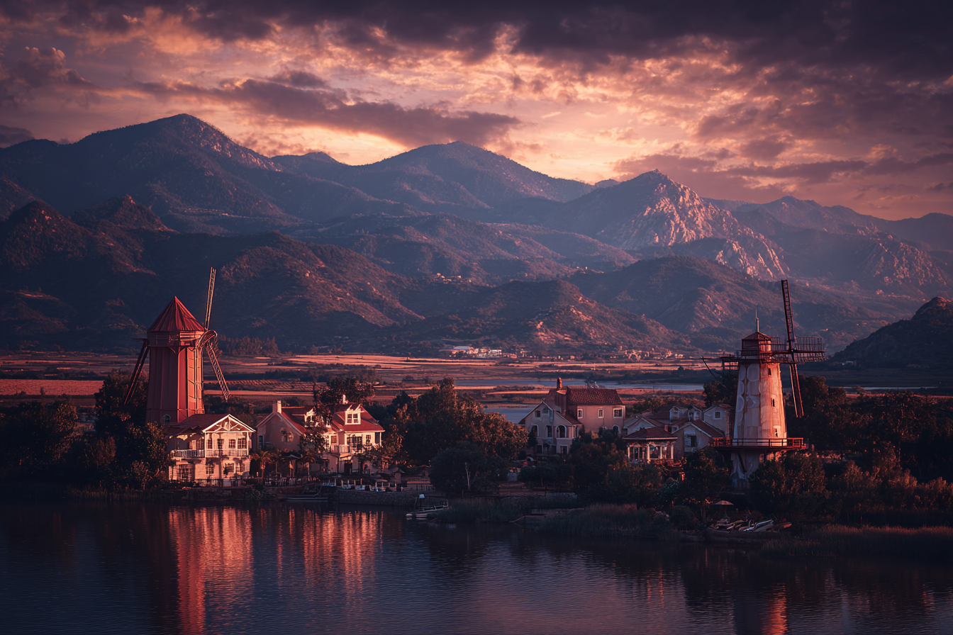 Szenische Landschaft Mit Windmühlen Und Berge Bei Sonnenuntergang | Windmuehlen Leuchttuerme Bruecken | Architektur