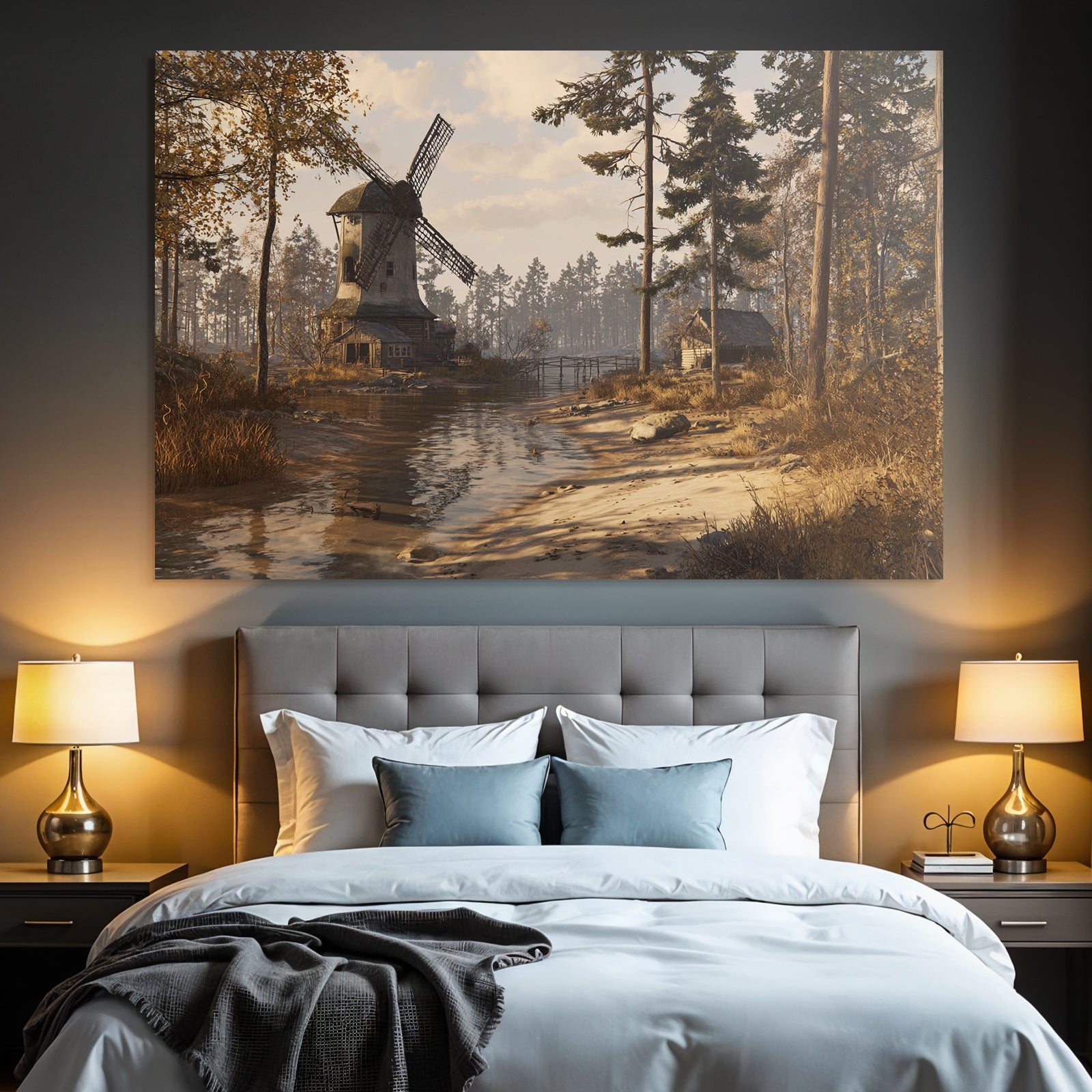 Tranquille Landschaft Mit Windmühle Hütte Und Wasserweg