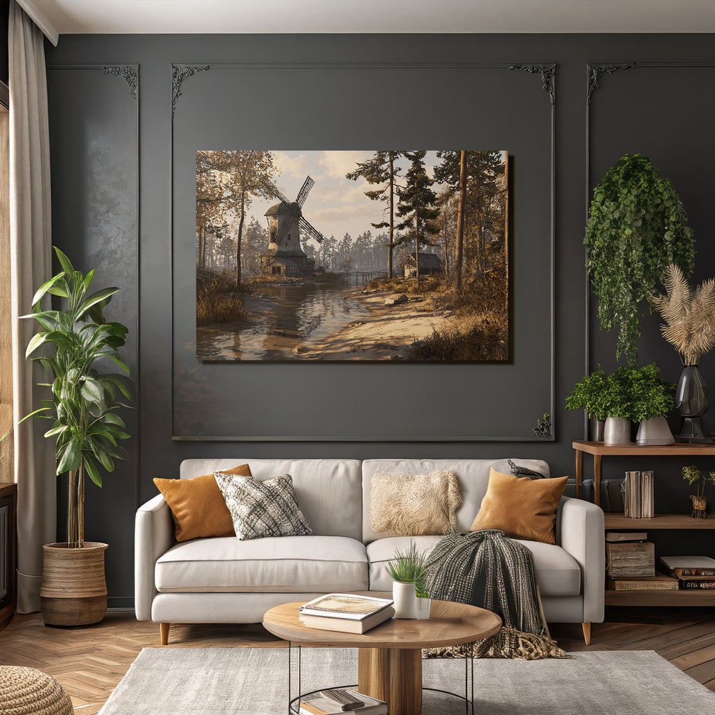 Tranquille Landschaft Mit Windmühle Hütte Und Wasserweg