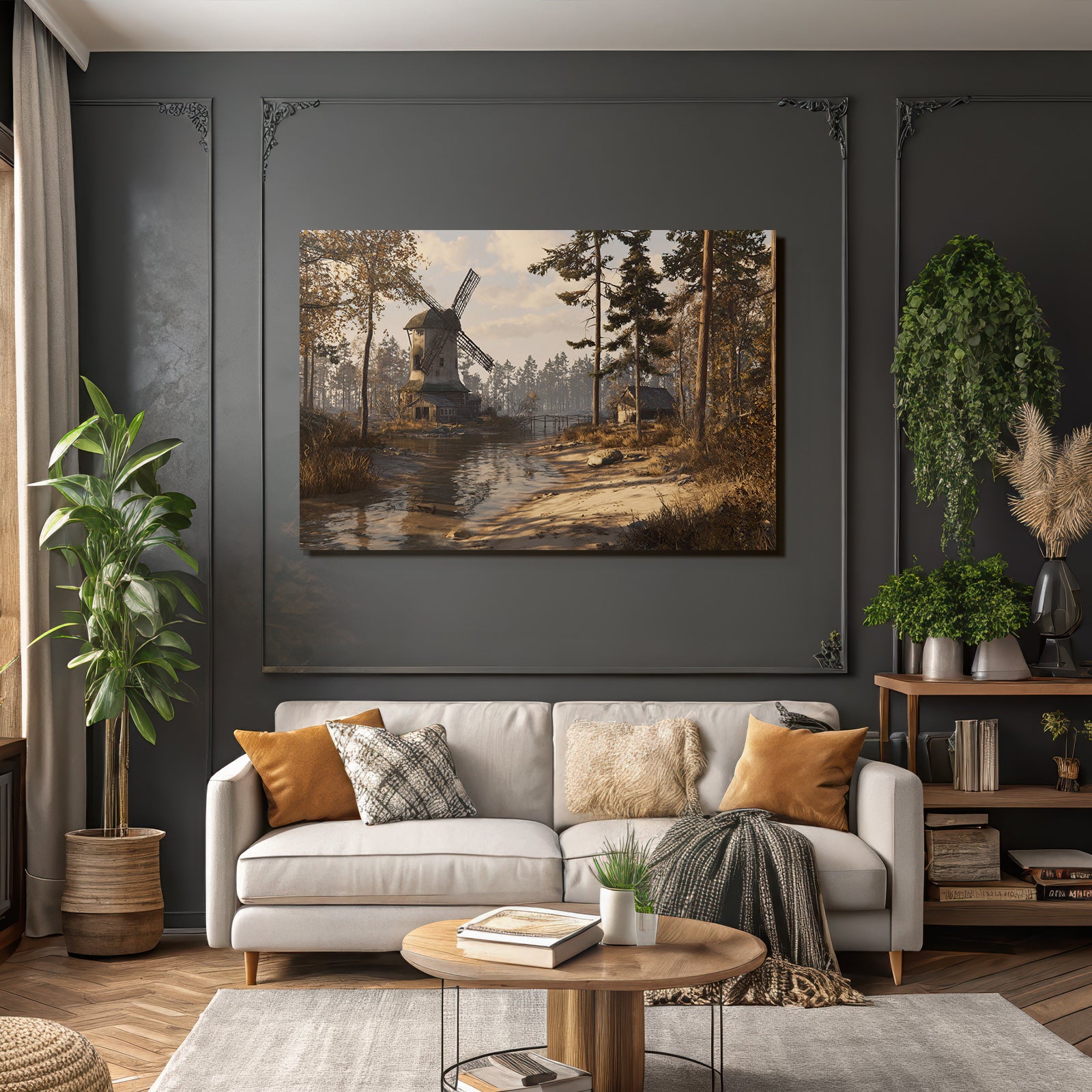 Tranquille Landschaft Mit Windmühle Hütte Und Wasserweg