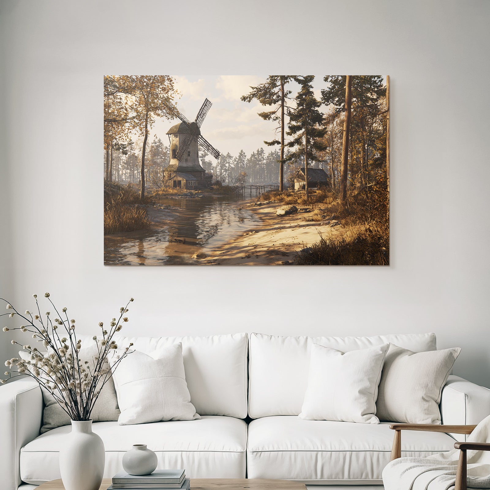 Tranquille Landschaft Mit Windmühle Hütte Und Wasserweg