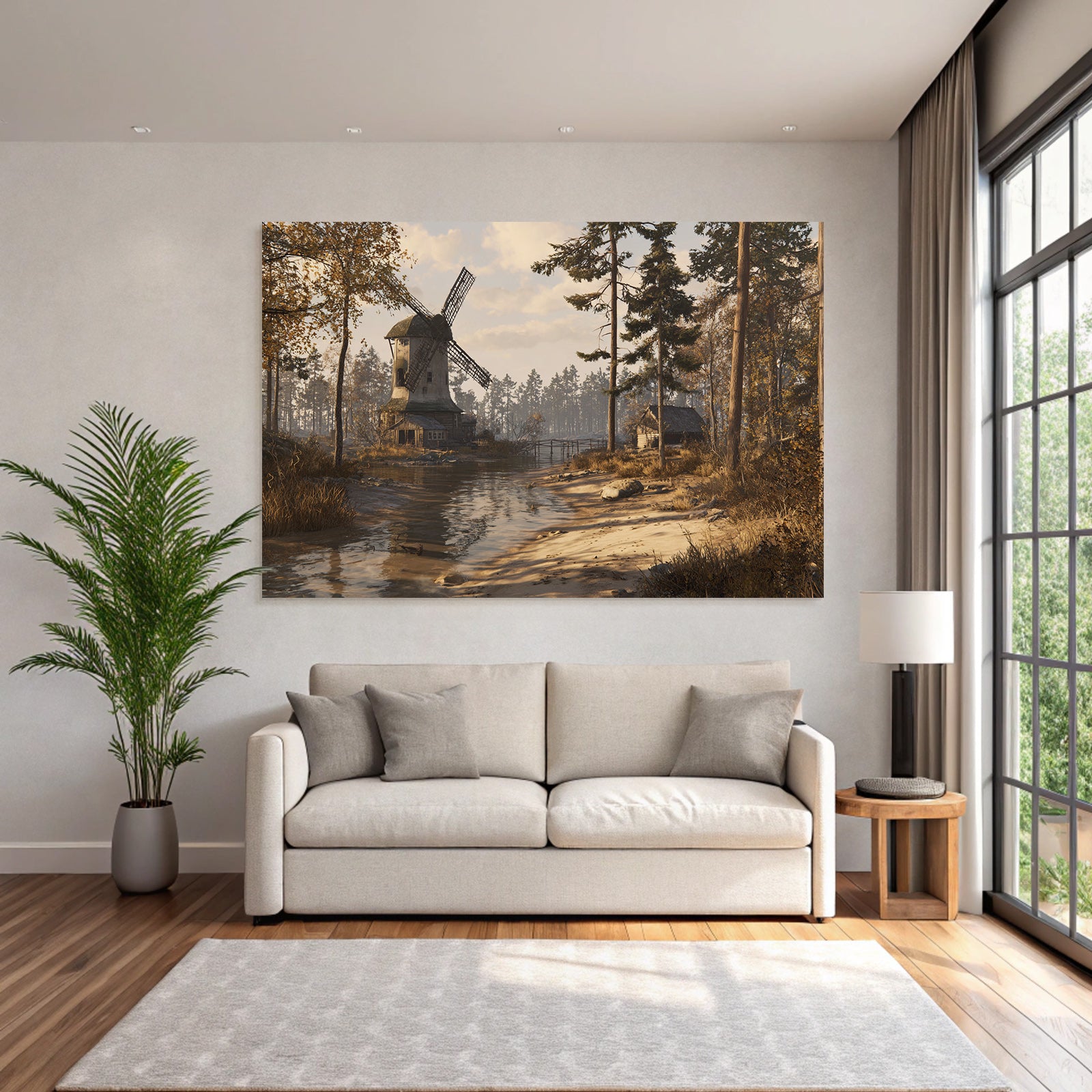 Tranquille Landschaft Mit Windmühle Hütte Und Wasserweg