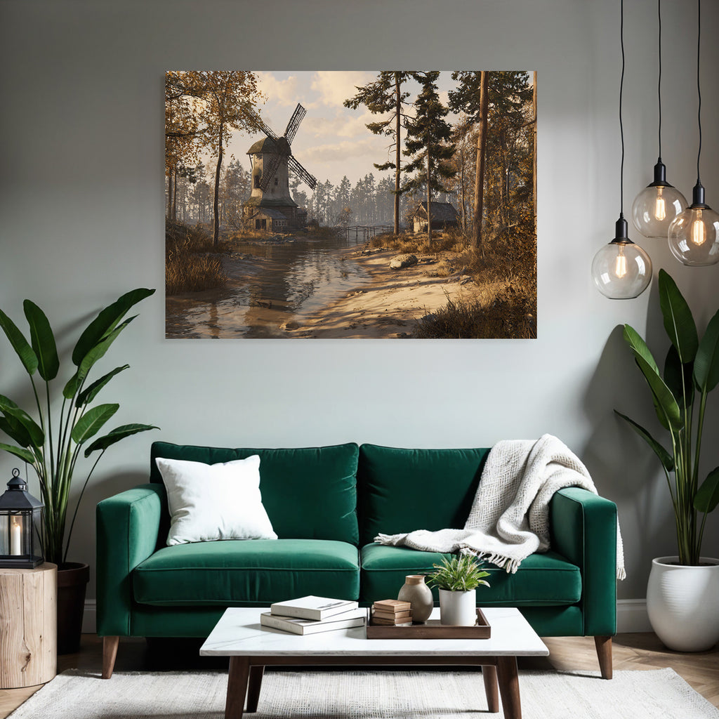Tranquille Landschaft Mit Windmühle Hütte Und Wasserweg