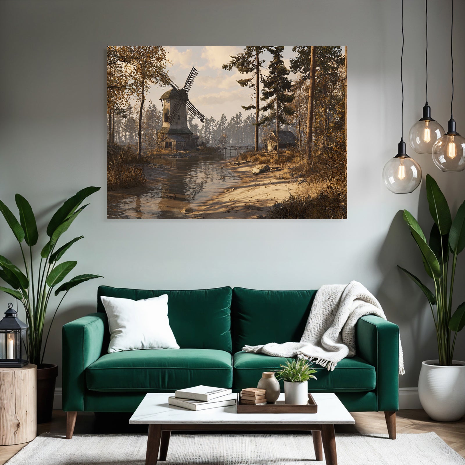 Tranquille Landschaft Mit Windmühle Hütte Und Wasserweg