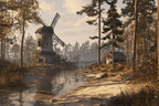 Tranquille Landschaft Mit Windmühle Hütte Und Wasserweg | Windmuehlen Leuchttuerme Bruecken | Architektur