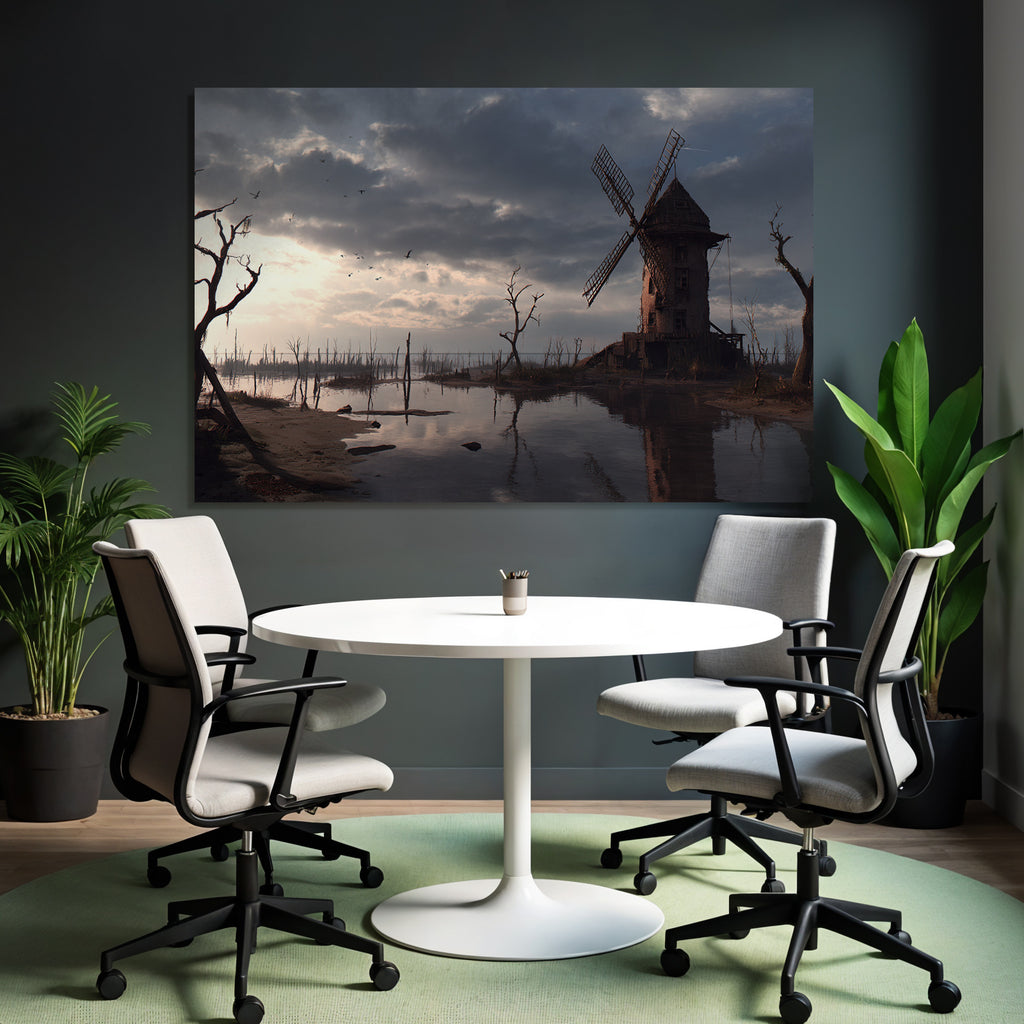 Verlassene Landschaft Mit Windmühle Und Gewässer