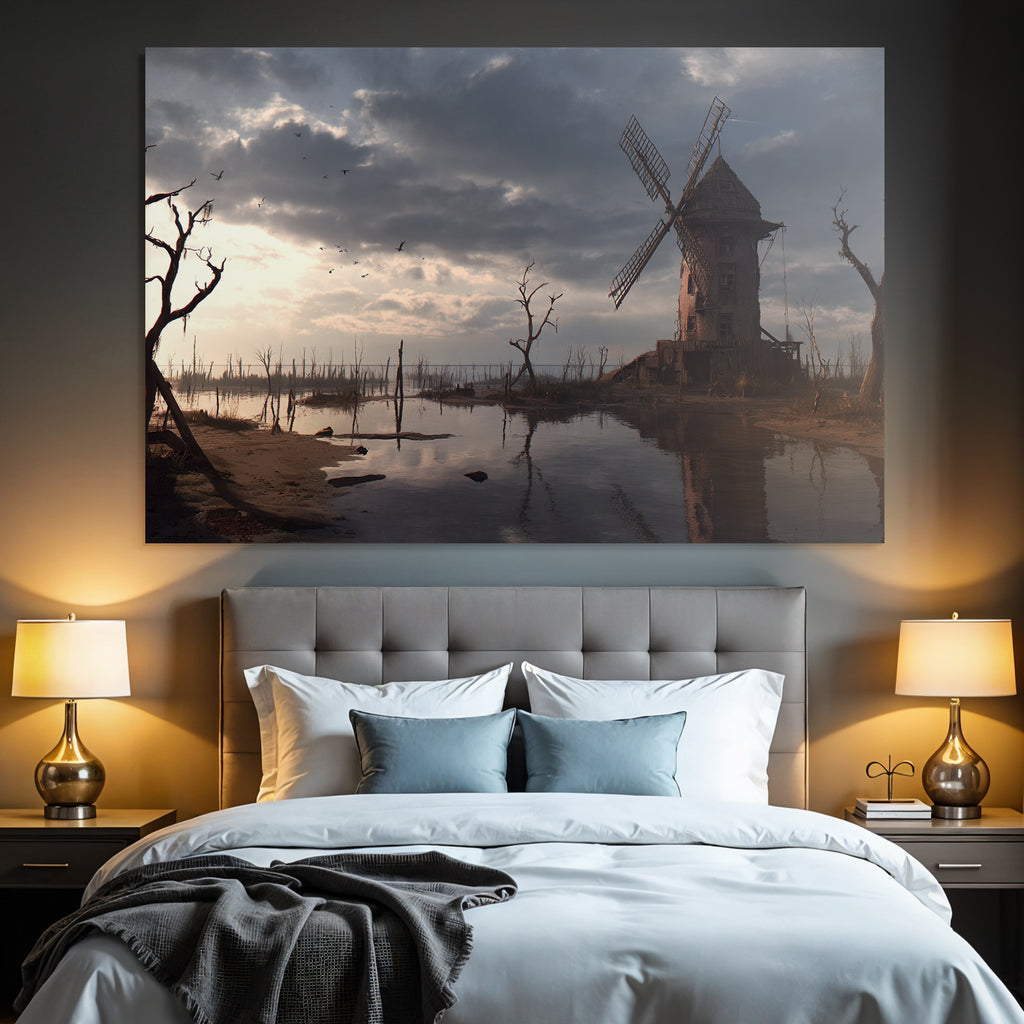 Verlassene Landschaft Mit Windmühle Und Gewässer