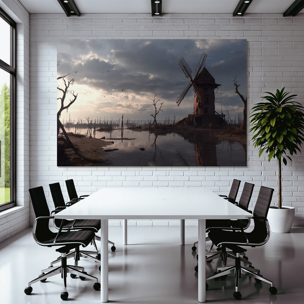 Verlassene Landschaft Mit Windmühle Und Gewässer