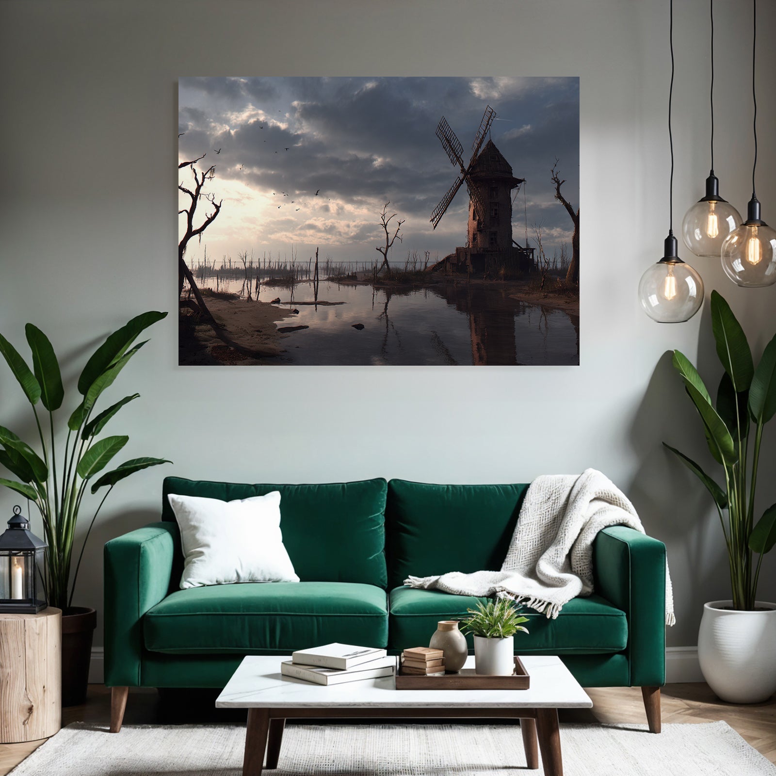 Verlassene Landschaft Mit Windmühle Und Gewässer
