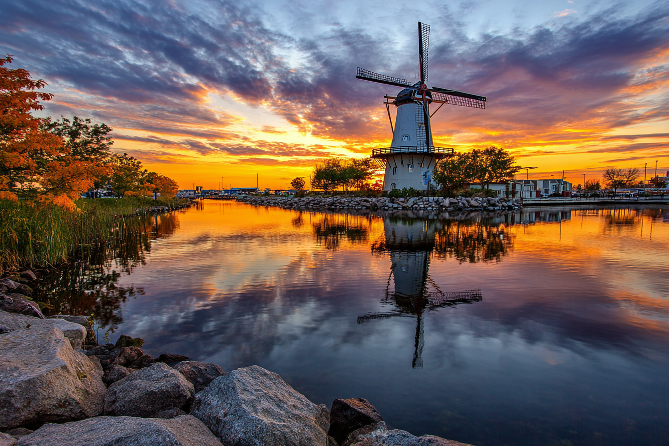 Windmühle Am See Beim Sonnenuntergang | Windmuehlen Leuchttuerme Bruecken | Architektur