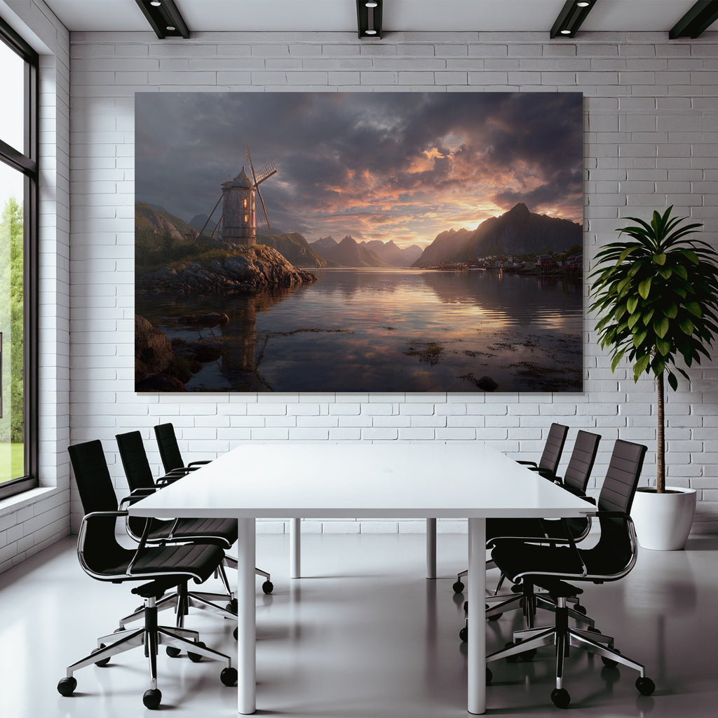 Windmühle Auf Felsigem Terrain Bei Ruhigem Wasser Mit Bergen Im Hintergrund Sonnenuntergang