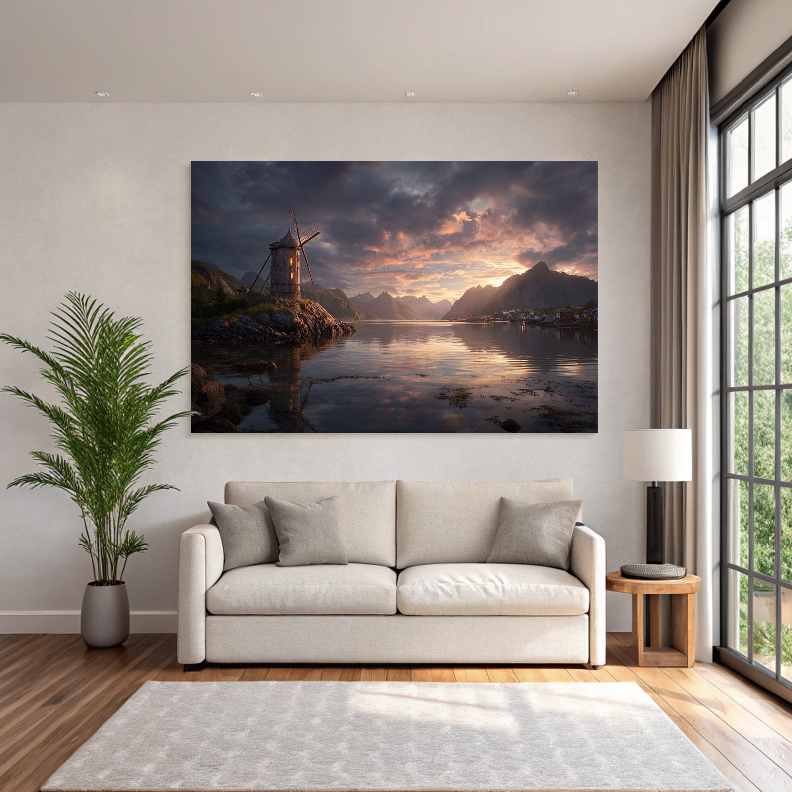 Windmühle Auf Felsigem Terrain Bei Ruhigem Wasser Mit Bergen Im Hintergrund Sonnenuntergang