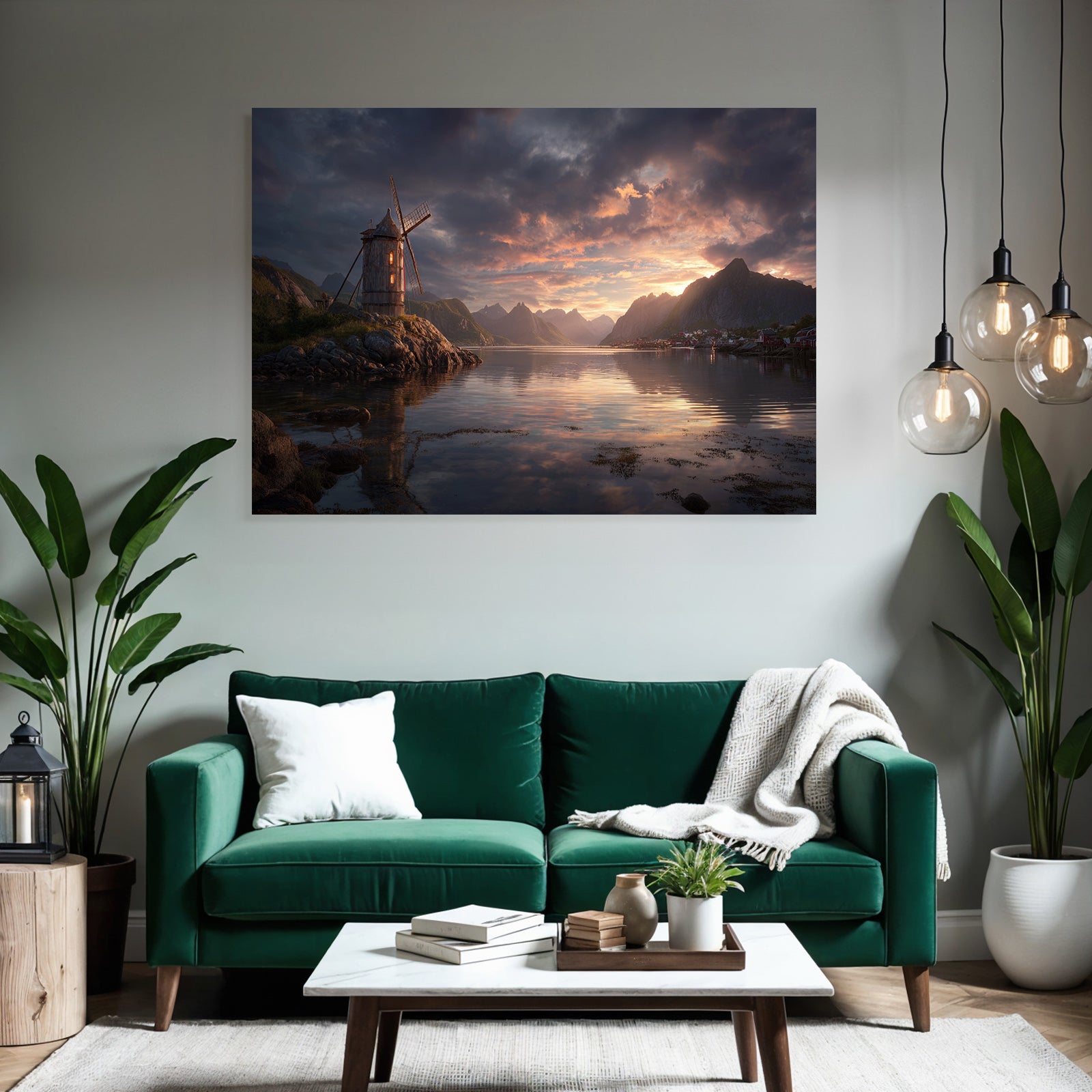 Windmühle Auf Felsigem Terrain Bei Ruhigem Wasser Mit Bergen Im Hintergrund Sonnenuntergang