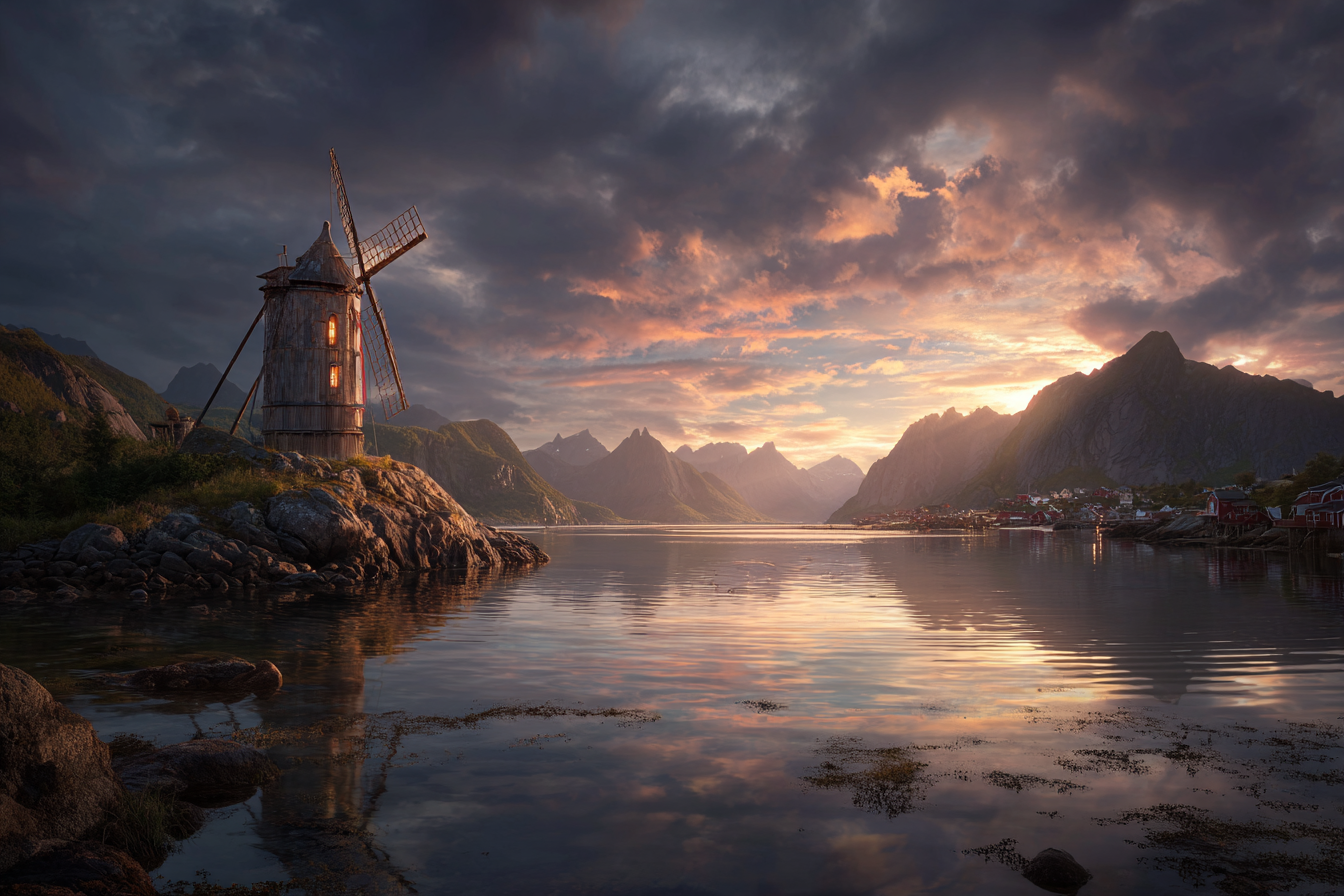 Windmühle Auf Felsigem Terrain Bei Ruhigem Wasser Mit Bergen Im Hintergrund Sonnenuntergang | Windmuehlen Leuchttuerme Bruecken | Architektur
