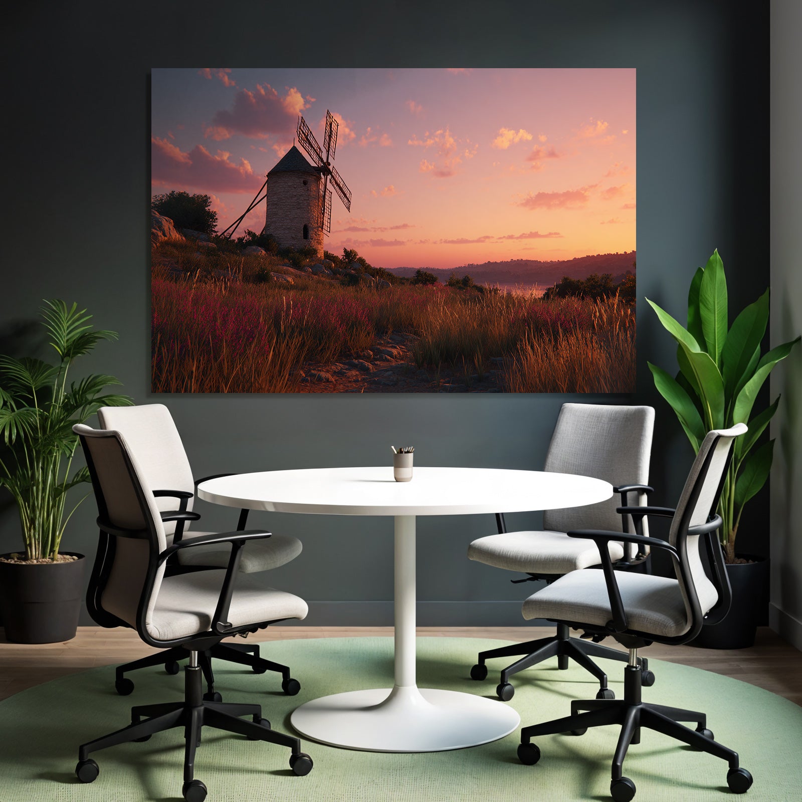 Windmühle Im Sonnenuntergang Feld Mit Blumen