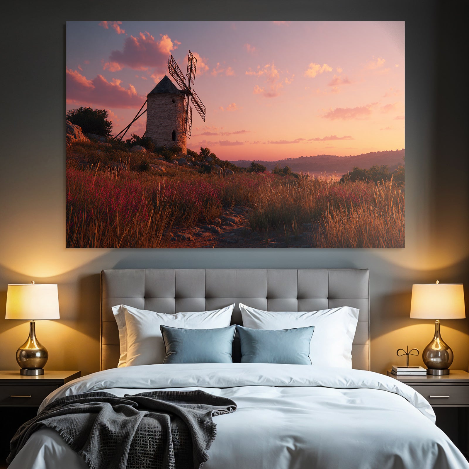 Windmühle Im Sonnenuntergang Feld Mit Blumen