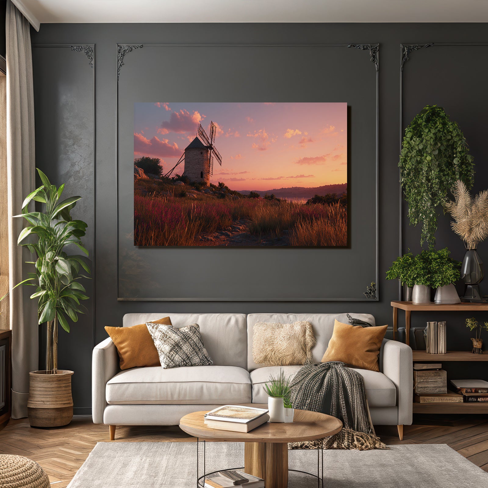 Windmühle Im Sonnenuntergang Feld Mit Blumen