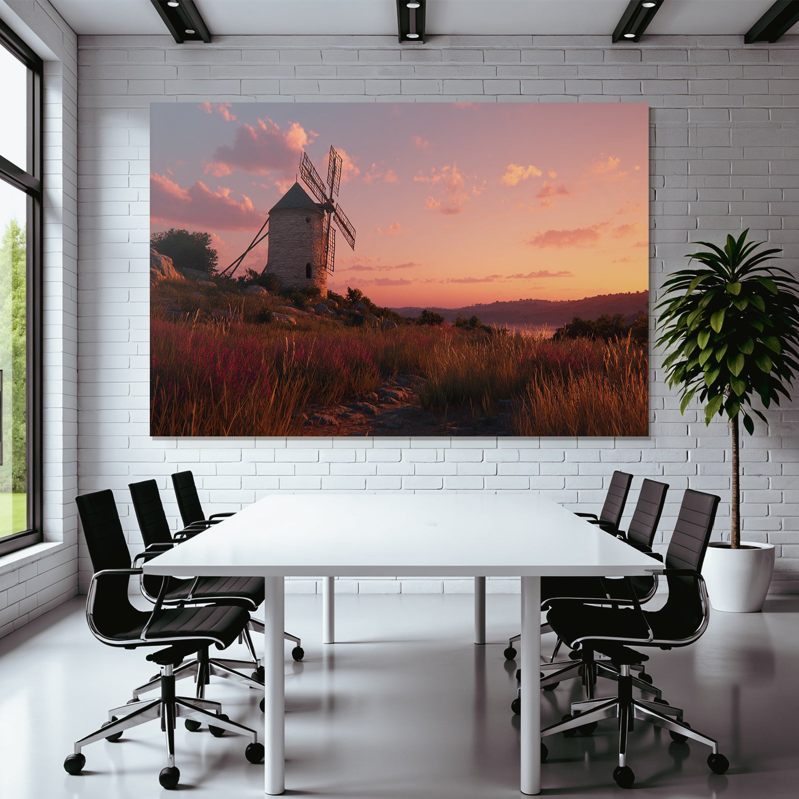 Windmühle Im Sonnenuntergang Feld Mit Blumen