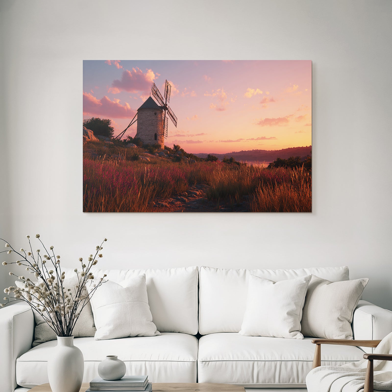 Windmühle Im Sonnenuntergang Feld Mit Blumen