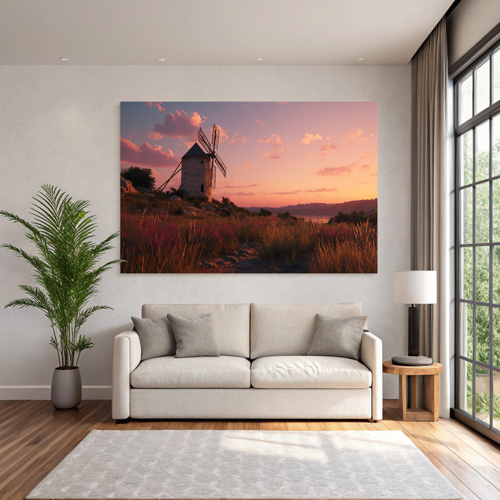 Windmühle Im Sonnenuntergang Feld Mit Blumen