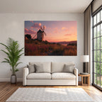 Windmühle Im Sonnenuntergang Feld Mit Blumen