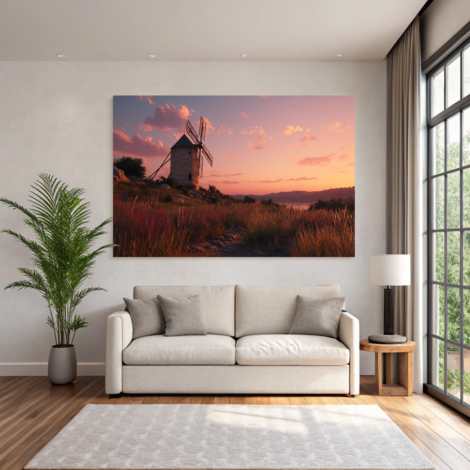 Windmühle Im Sonnenuntergang Feld Mit Blumen